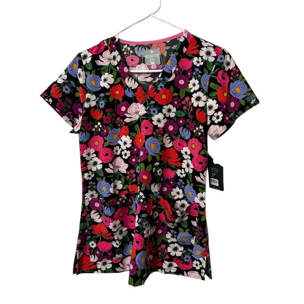 New Med Couture Jardin Floral Scrub Top Women’s XS V-Neck w/ 2 Pockets